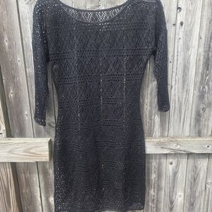 Black Crochet Long Sleeve Dress - Women